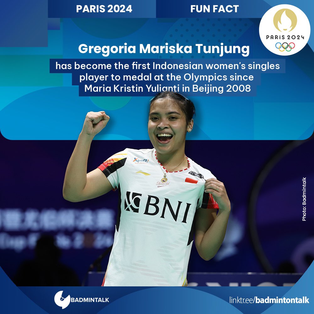 By winning the bronze medal in #Paris2024, Gregoria becomes the first women’s singles player from Indonesia to medal at the #OlympicGames since Maria Kristin Yulianti won bronze in #Beijing2008

Congratulations <a href="/geugouia/">❀</a>!