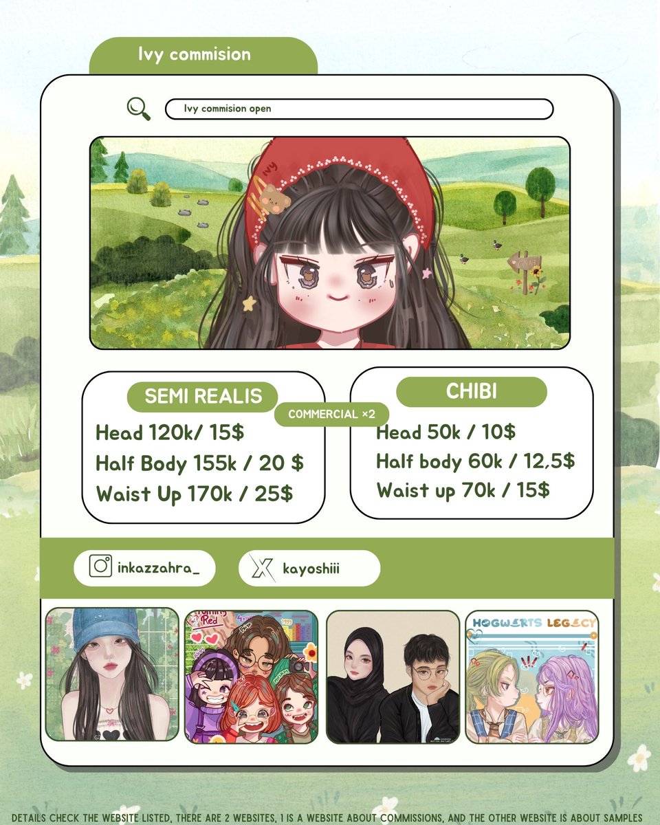 Help retweet and like🌿🫶

Hi GUYS!  opened the commission Local and international, You can check the sample and katalog :  
- katalog ☘️ 👇
ivy-commision-art.my.canva.site
- SAMPLE 🫧 check
ivy-commision-art.my.canva.site/sample-commisi…

#zonauang #zonajajan #Commission #WTS #commisionsopen #illustration