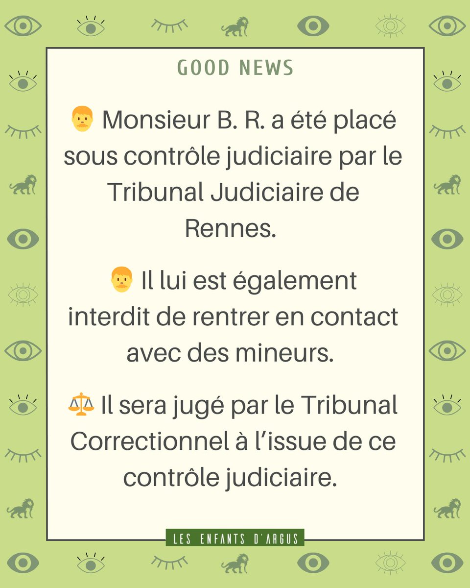 Enfants_dArgus's tweet photo. 🥳 Une nouvelle victoire pour les Enfants d’Argus 🤜🏼🤛🏼

🚨 Un présumé pédocriminel placé sous contrôle judiciaire à Rennes !

👨 Monsieur B. R. a été placé sous contrôle judiciaire par le Tribunal Judiciaire de Rennes. https://t.co/XlCbqgBlJr