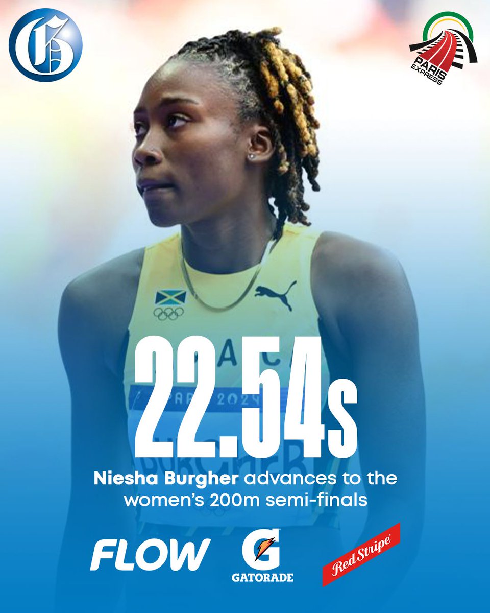 JamaicaGleaner's tweet photo. Niesha Burgher from Jamaica qualifies for the women's 200M semi-finals behind the USA's Gabrielle Thomas in a time of 22.54 seconds at the Paris Olympic Games. 

📸: Gladstone Taylor

#GLNRSports
#ParisExpress
#ParisOlympics https://t.co/Y5KPVJg2wr