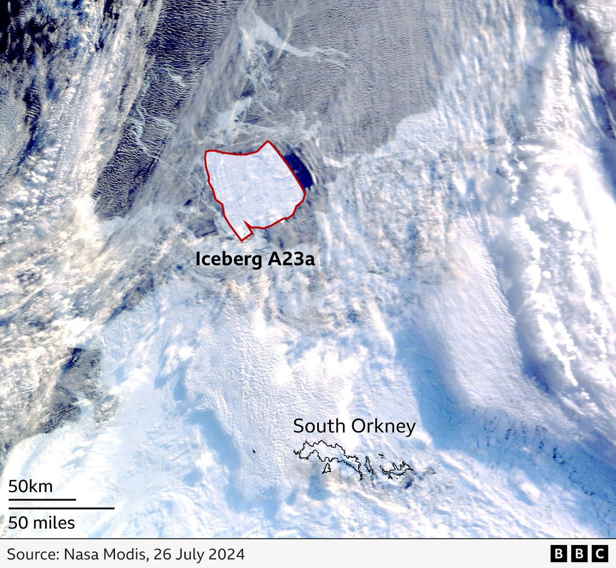 JCDAmos's tweet photo. Iceberg A23a should have long since shot up past South Georgia into the South Atlantic, fracturing into countless pieces. But it's been caught in a Taylor Column just north of South Orkney since early April. https://t.co/a3JPyldpNo