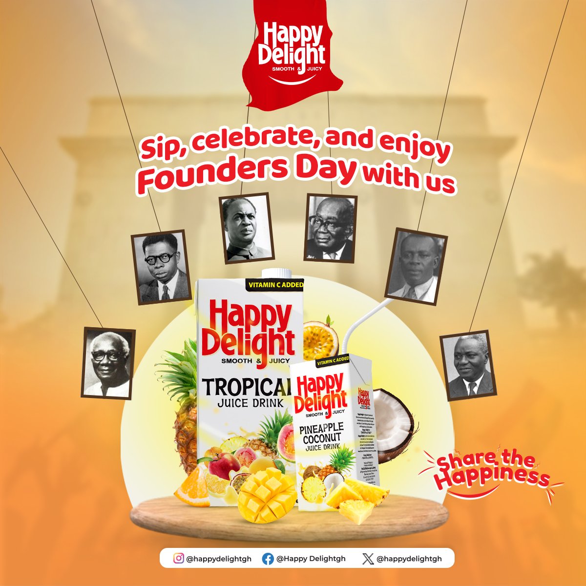 HappyDelightGH's tweet photo. On this special Founders Day,we commemorate the remarkable leaders who laid the foundation of our beloved Ghana. As we celebrate their enduring legacy,let's embrace the spirit of innovation and progress with every delicious drop. Here's to the founders,and to the refreshing taste https://t.co/9vuQll5xbn