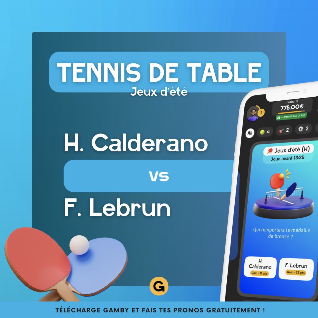 gamby_app's tweet photo. Notre champion Félix Lebrun tentera de décrocher le bronze à 13:30 face au Brésilien Hugo Calderano 🏓🇫🇷🥉

Fais ton prono sur Gamby 😏📲

#JeuxOlympiques https://t.co/sup8x59FWD