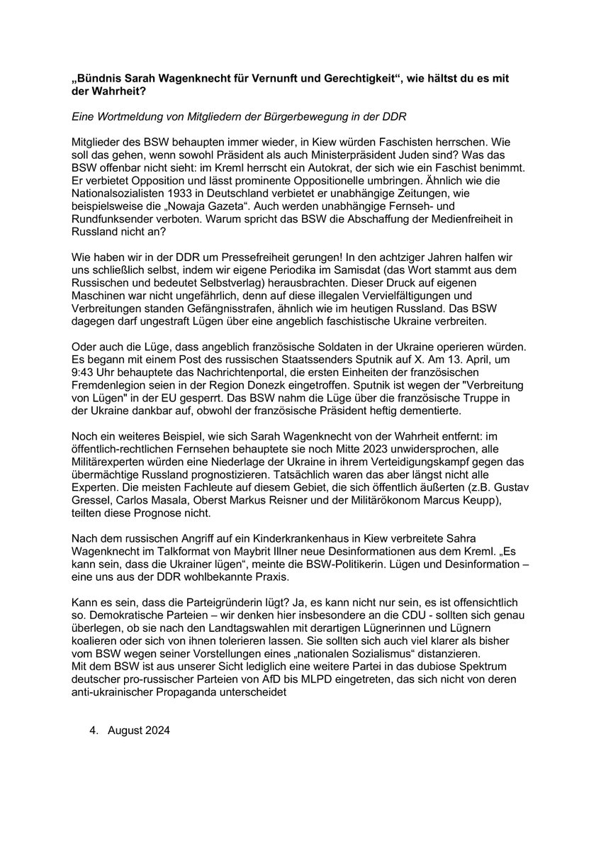 Die Lügen der Sahra Wagenknecht - eine Wortmeldung von Martin Böttger und Marianne Birthler, Rainer Eckert, Markus Meckel, Reinhard Weißhuhn, Christian Dietrich, Katrin Eigenfeld, Joachim Goertz, Christian Halbrock, Gerold Hildebrand, Almut Ilsen, Gisela Kallenbach, Uwe Lehmann,