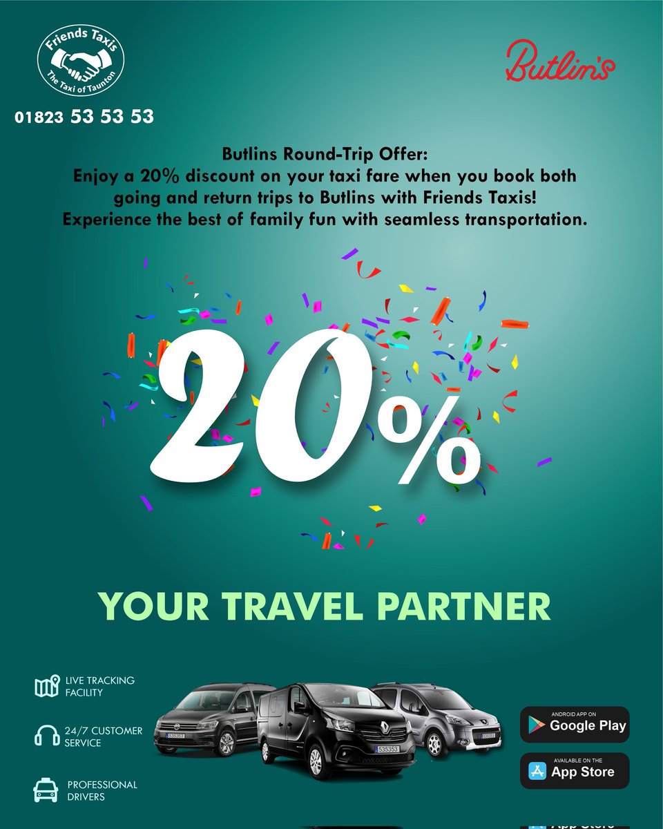 FriendsTaxis's tweet image. Butlins Round Trip Offer 

Butlins Round Trip Offer🚖

Friends Taxis - Taxi Of Taunton 
24/7 Service, Comfort &amp;amp; Safety, Multiple Payment Options, Online Booking

Contact Us:

📞 Phone: 01823 53 53 53

💬 WhatsApp: wa.me/447732775353

🌐 Website: friendstaxis.co.uk