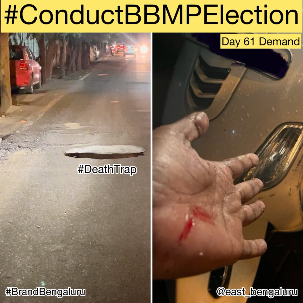 CivicOp_india's tweet photo. Subject: Urgent Request to Conduct BBMP Election | Day 61 Demand

Respected @siddaramaiah, @DKShivakumar,

For the 61st consecutive day, we raise our voices demanding the immediate conduct of BBMP elections. The attached image speaks volumes about the hazardous conditions on our roads. A fresh layer of asphalt covers the road, yet a dangerous death trap remains, exposing a manhole lid.

“Look at this death trap. I was commuting and nearly got killed when my bike hit this manhole cover. Riding behind a car, my view was obstructed, and I didn't see the hazard in time. As a result, I suffered a fall, leaving me injured and bedridden.”, a taxpayer’s ordeal. 🥲

This ongoing neglect and lack of accountability are directly tied to the absence of an elected body that can address such critical issues. Our city's infrastructure continues to deteriorate, putting lives at risk every day.

We urgently call for the conduct of BBMP elections to ensure that our grievances are heard and addressed. The safety and well-being of Bengaluru's citizens must be prioritized.

Yours sincerely,

Citizens of East Bengaluru

#ConductBBMPElection  
#BrandBengaluru  
#DeathTrap  
@osd_cmkarnataka  
@ceo_bengaluru  
@BBMPCOMM