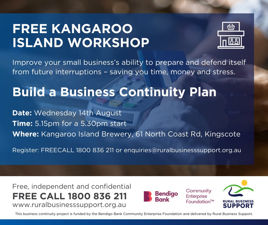 RuralBusinessSupport (@ruralbiz) on Twitter photo WHAT WOULD STOP YOUR BUSINESS IN ITS TRACKS?β οΈ//
How would you respond?
Register: FREECALL 1800 836 211 or email enquiries@ruralbusinesssupport.org.au
Proudly funded by Bendigo Bank Community Enterprise Foundation and delivered by Rural Business Support. WHAT WOULD STOP YOUR BUSINESS IN ITS TRACKS?β οΈ//
How would you respond?
Register: FREECALL 1800 836 211 or email enquiries@ruralbusinesssupport.org.au
Proudly funded by Bendigo Bank Community Enterprise Foundation and delivered by Rural Business Support.