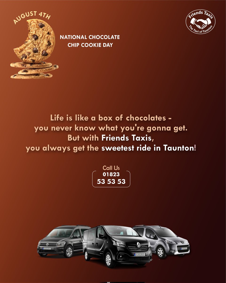 FriendsTaxis's tweet image. Happy National Chocolate Chip Cookie Day 🍪 

Friends Taxis - Taxi Of Taunton 
24/7 Service, Comfort &amp;amp; Safety, Multiple Payment Options, Online Booking

Contact Us:

📞 Phone: 01823 53 53 53

💬 WhatsApp: wa.me/447732775353

🌐 Website: friendstaxis.co.uk