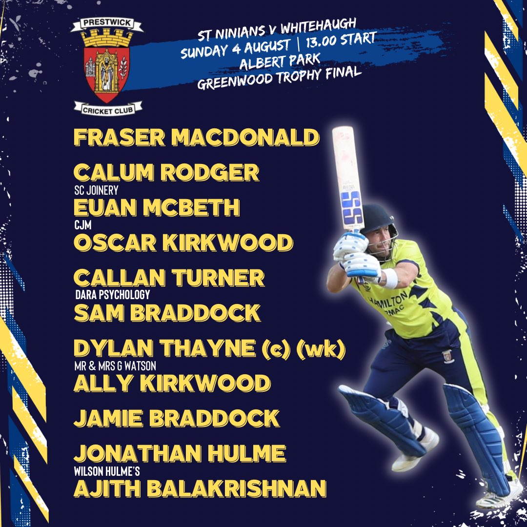 Pwick_Cricket's tweet photo. 🏆 CUP FINAL DAY

Following a 50-point Saturday for the club yesterday, St Ninians are aiming to make it the perfect weekend as we travel to Albert Park to face Whitehaugh in the Greenwood Trophy Final. 

Live scorecard: https://t.co/AstwfeQNam

#MTW https://t.co/is0eI28fkW