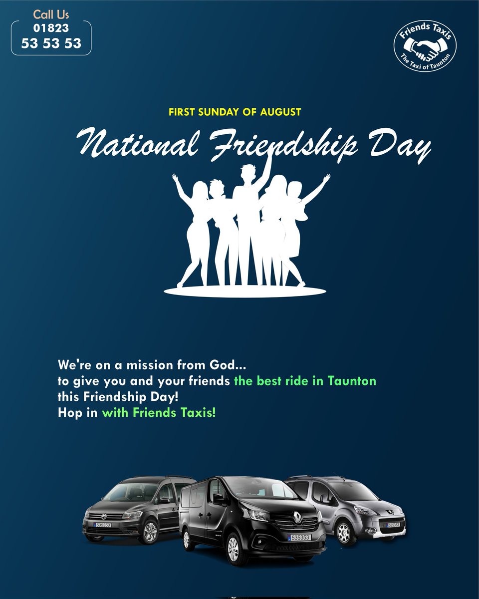 FriendsTaxis's tweet image. Happy Friendship Day 🎉 

Friends Taxis - Taxi Of Taunton 
24/7 Service, Comfort &amp;amp; Safety, Multiple Payment Options, Online Booking

Contact Us:

📞 Phone: 01823 53 53 53

💬 WhatsApp: wa.me/447732775353

🌐 Website: friendstaxis.co.uk