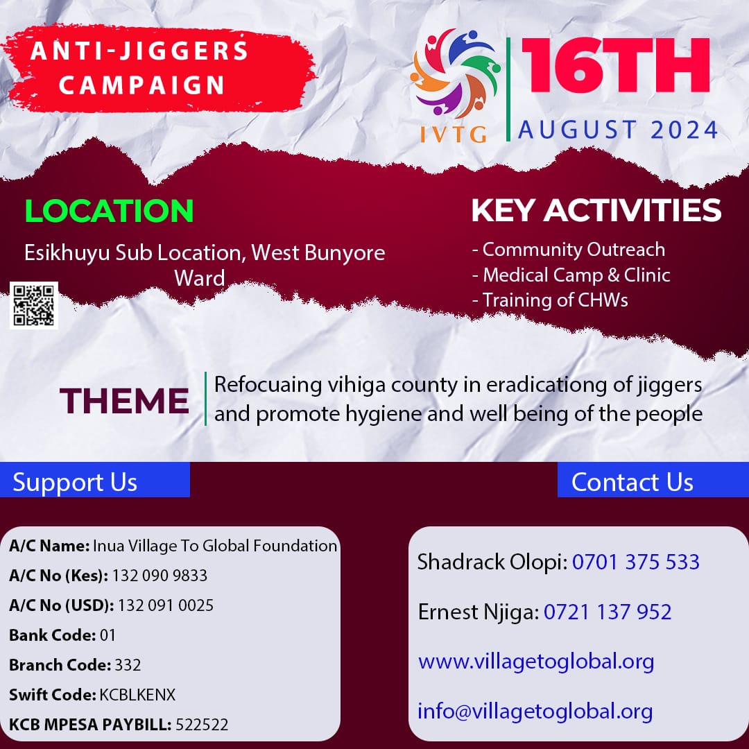 IVTGFoundation's tweet photo. Join us in the #AntiJiggersCampaign in Esikhuyu Sub Location, West Bunyore, Vihiga County. Your support will help promote hygiene and overall well-being in our community. Together, we can make a difference. Visit our flyer for donation details. #SupportUs #HygieneFirst. https://t.co/B44Uj5uTMi