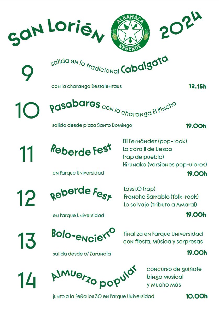 AlbahacaReberde's tweet photo. ¿Preparados para San Lorenzo? Estas son nuestras actividades para este 2024. Entalto Albahaca Reberde!! https://t.co/MhhEEfGxQY