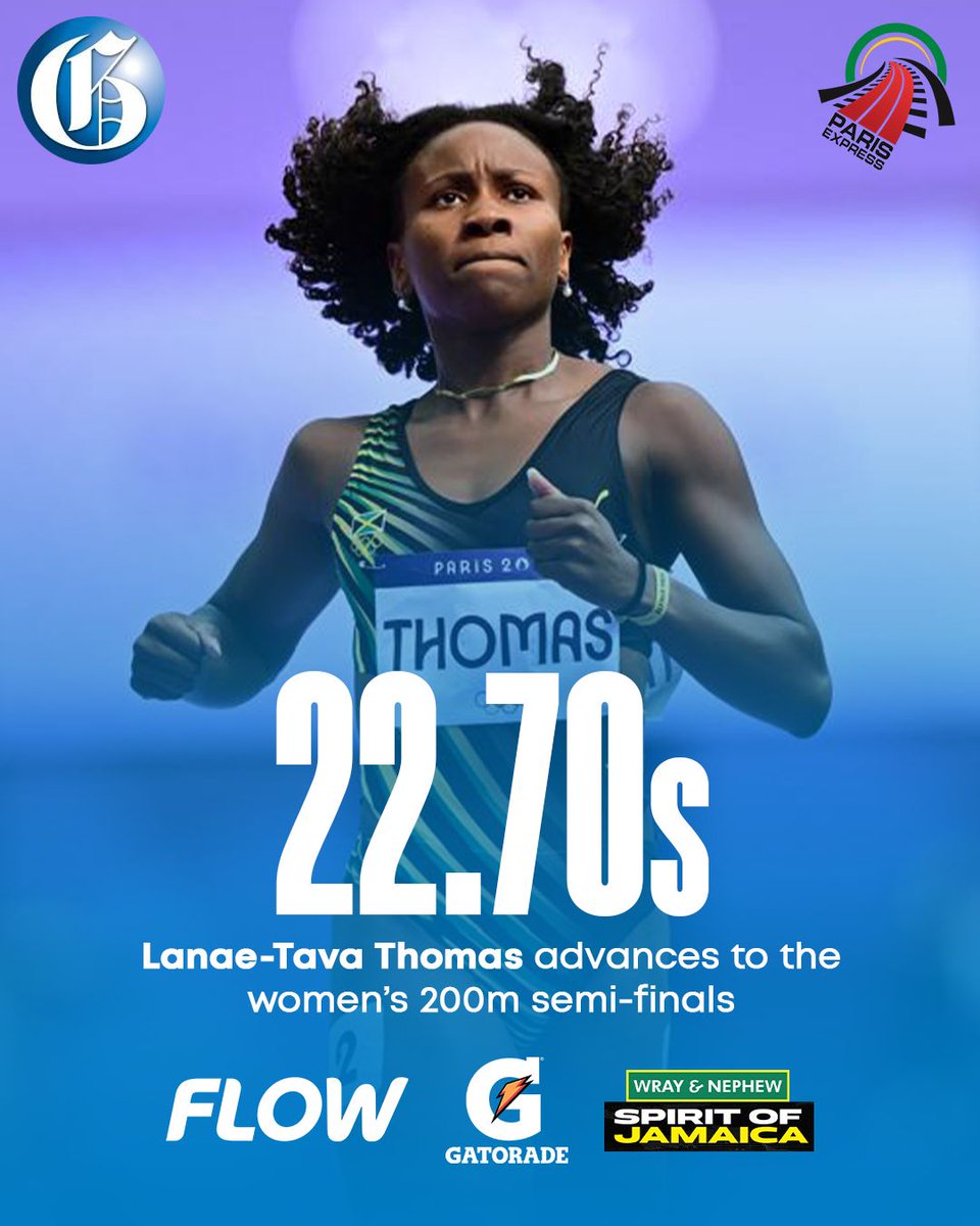 JamaicaGleaner's tweet photo. Jamaica's Lanae-Tava Thomas produces a smooth 22.70 seconds time to advance to the women's 200M semi-finals at the Paris Olympics. Thomas finishes in second place behind Brittany Brown from the USA who ran a time of 22.38 seconds.

📸: Gladstone Taylor

#GLNRSports
#ParisExpress https://t.co/WWAEnBPnRg