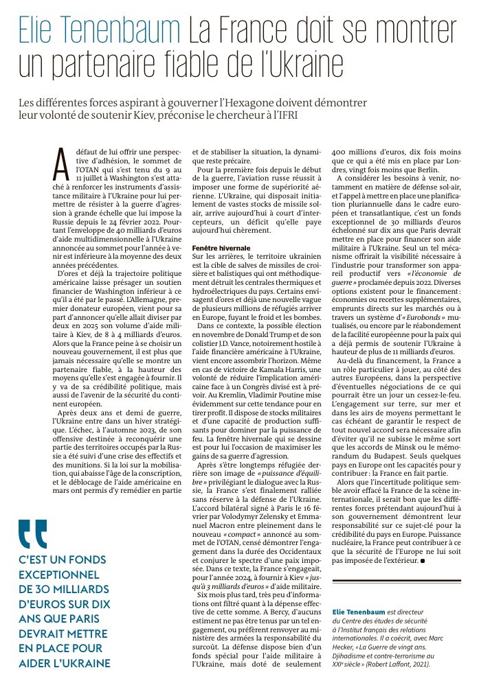 ElieTenenbaum's tweet photo. [📰 🗞️] Ma tribune parue aujourd’hui dans @lemondefr: alors que la France en trêve olympique peine à se trouver un gouvernement, elle doit se préparer à un hiver stratégique pour l’Ukraine 🇺🇦 🇫🇷 🇪🇺 https://t.co/RbHNAjholj