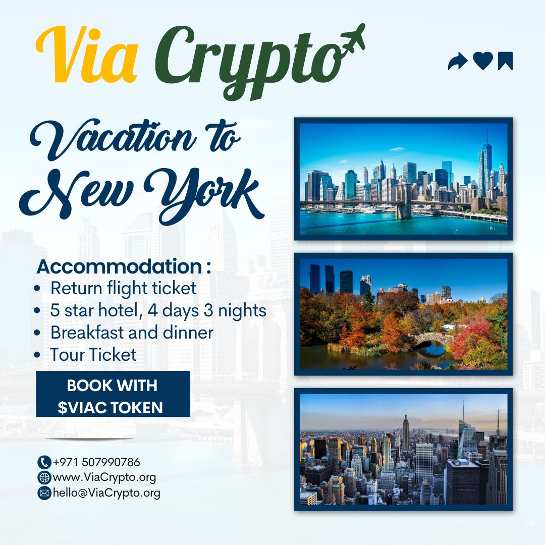 🌆 Experience the magic of New York City! 

Use your $VIAC Token to book your stay and flights with ViaCrypto.org. 

The future of travel is here. 🗽💰 

#CryptoTravel #NYC #TravelWithCrypto #BlockchainTravel #Web3 #travelwithcrypto #viacrypto #viac #travel