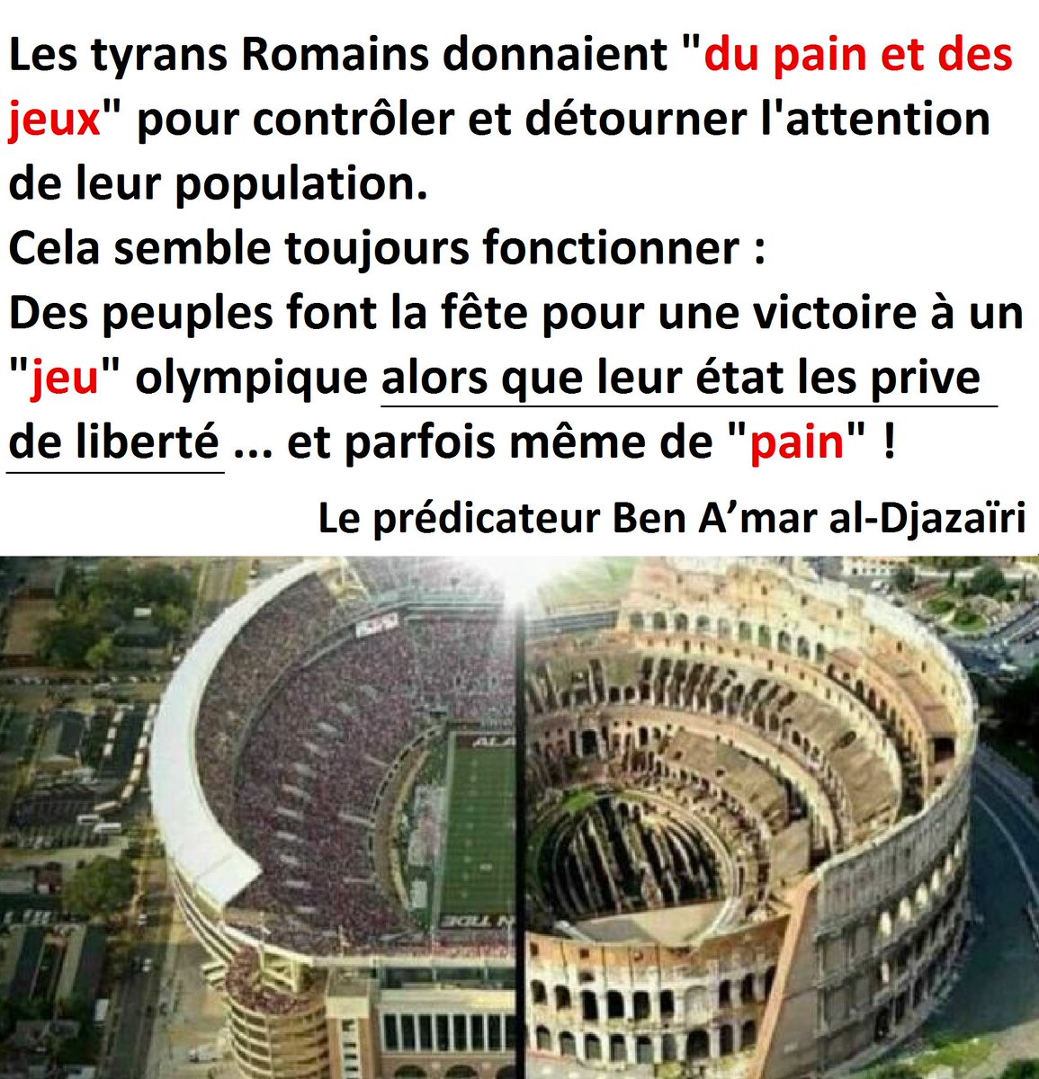 Les tyrans Romains donnaient "du pain &amp; des jeux" pour détourner l'attention de leur pop.
Cela semble tjr fonctionner : Des peuples font la fête pour une victoire à un "jeu" olympique alors que leur état les prive de liberté ... et parfois même de "pain" !

#BoycottJO2024