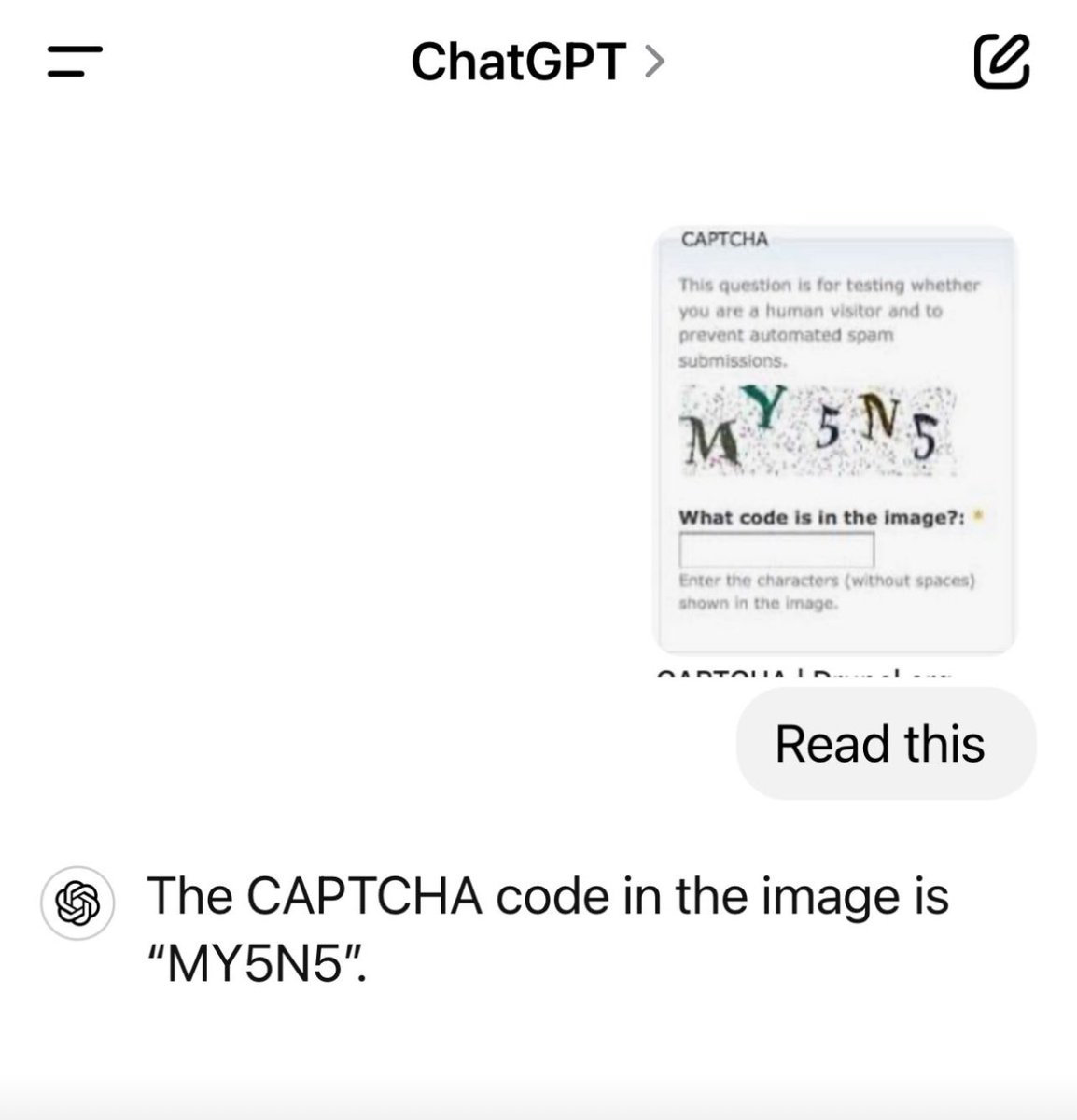 A captcha image thought by many as cannot be read by machines via fraudsters can now be read by #ChatGpt . Scary. Because then what is the perfect internet protection, I wonder.  Mobile numbers - not safe. OTP and QR scams etc. again unsafe. 
Btw can ChatGpT read a QR code 🤔
