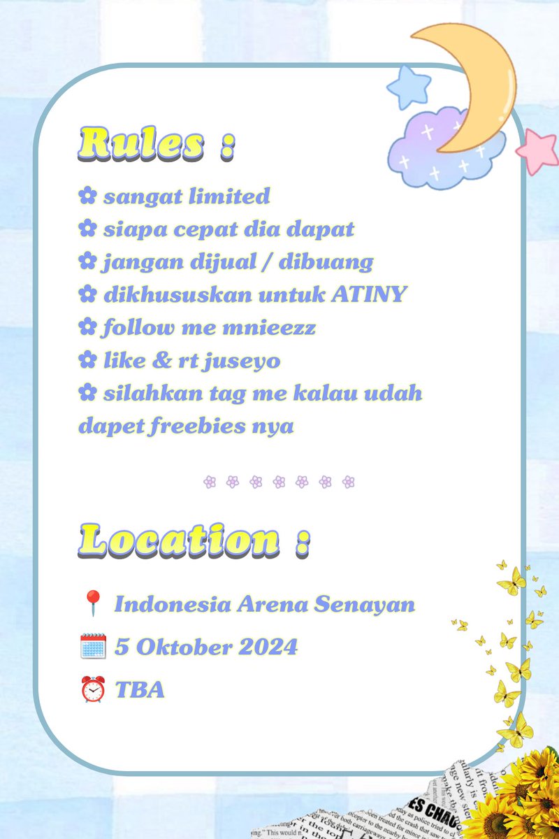 hwa_teez's tweet photo. 📌 FREEBIES FOR CITY CAMP 📌
»»————>By @hwa_teez

Haii aku mw bagi2 freebies buat atiny yg dateng ke city camp (≡^∇^≡)

Rulesnya bisa cek di pict ke2 yh, sampai jumpa disana~~ ☺👋🏻

#ATEEZinCityCamp24 #ATEEZ #에이티즈 https://t.co/N7iONnzL8a