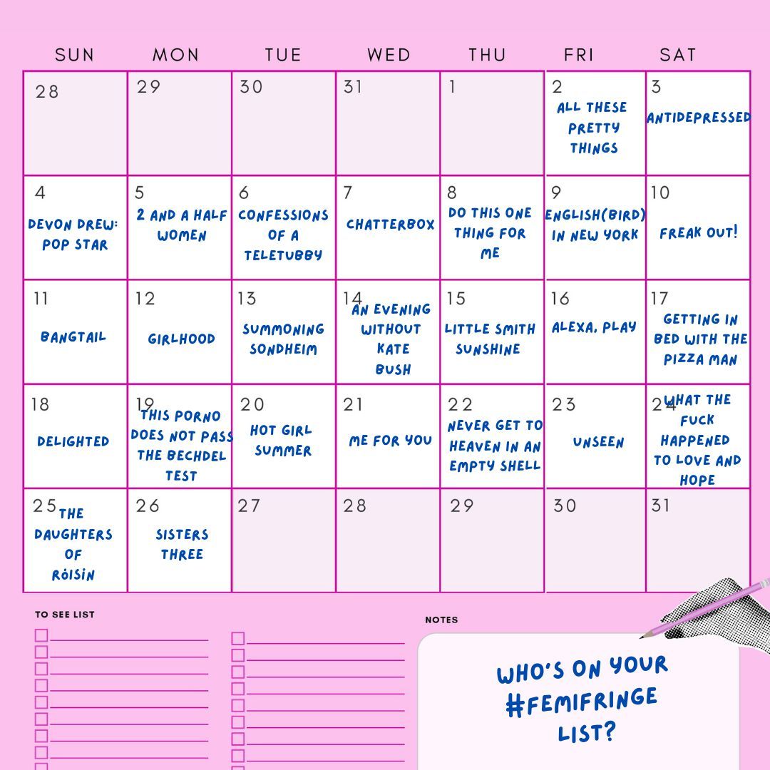 fbombtheatre's tweet photo. Here's another #FemiFringe dream schedule! Here are all the shows on our co-director @SallyCairnsActs' want-to-see #edfringe list 😍 Have you picked up your copy of the guide yet? https://t.co/RhzE4RW04H