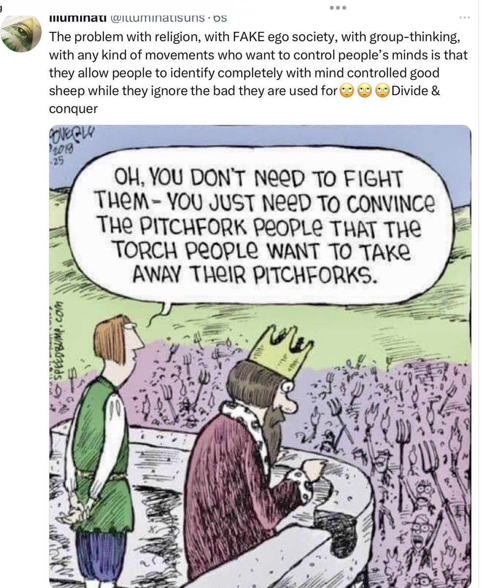 illuminatisuns's tweet photo. @ResonanceEnter1 @DonnieDarkened It’s all based on division, guys.
The whole truth is withheld from the population.
Those behind religion are using people as puppets to fight for a religion they created, based upon truth…just not the whole truth…
#followthelight #followthemoney #followthepower https://t.co/pSEdNaErEJ