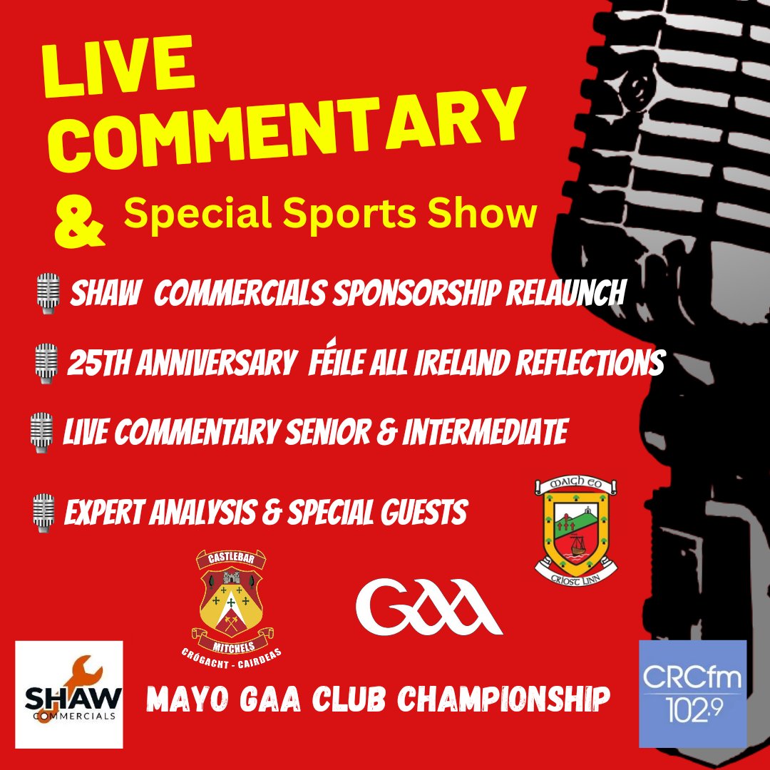 Castlebar Mitchels GAA (@mitchelsgaa) on Twitter photo ๐๐ข๐ฏ๐ ๐ซ๐๐๐ข๐จ ๐๐จ๐ฆ๐ฆ๐๐ง๐ญ๐๐ซ๐ฒ - ๐๐ฅ๐ฎ๐ ๐๐ก๐๐ฆ๐ฉ๐ข๐จ๐ง๐ฌ๐ก๐ข๐ฉ ๐๐๐๐
Castlebar Mitchels is delighted to announce that CRCfm will provide live commentary of both senior football championship home games in association with <a href="/Shaw_Commercial/">Shaw_Commercials</a>
<a href="/CRCfm_102_9/">CRCfm 102.9</a> ๐๐ข๐ฏ๐ ๐ซ๐๐๐ข๐จ ๐๐จ๐ฆ๐ฆ๐๐ง๐ญ๐๐ซ๐ฒ - ๐๐ฅ๐ฎ๐ ๐๐ก๐๐ฆ๐ฉ๐ข๐จ๐ง๐ฌ๐ก๐ข๐ฉ ๐๐๐๐
Castlebar Mitchels is delighted to announce that CRCfm will provide live commentary of both senior football championship home games in association with <a href="/Shaw_Commercial/">Shaw_Commercials</a>
<a href="/CRCfm_102_9/">CRCfm 102.9</a>