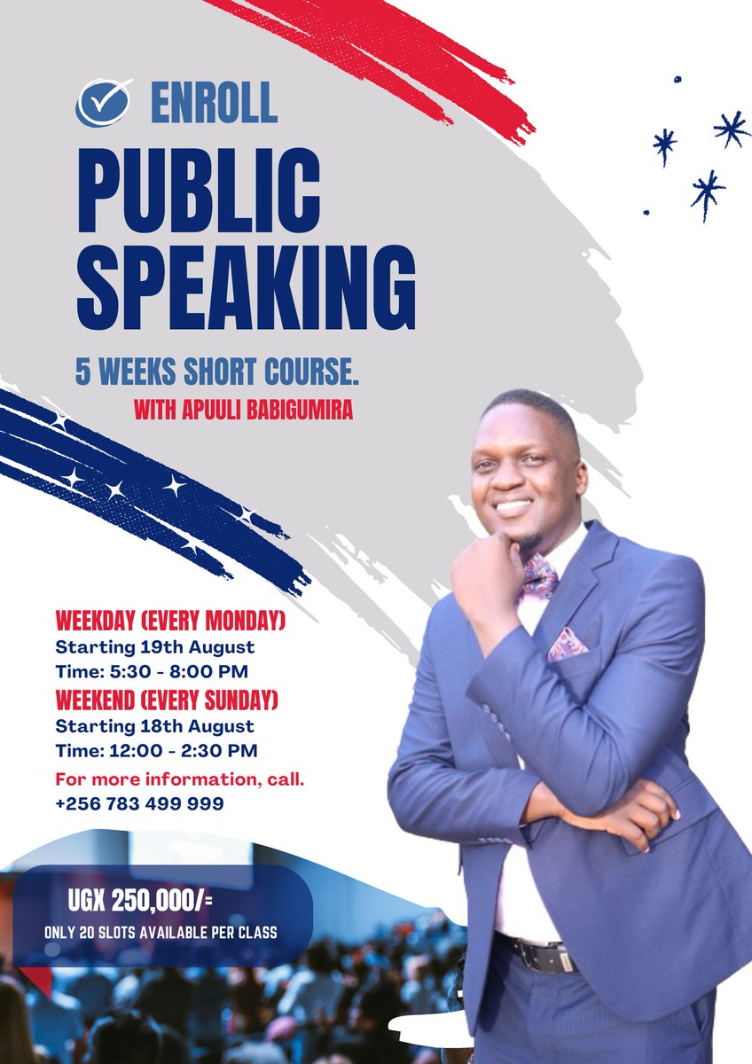 ApuuliBabigumir's tweet photo. "A year from now you may wish you had started today.” – Karen Lamb
I've helped hundreds improve their public speaking skills as I harvest from the wealth of knowledge and experience accumulated over a decade.
#PublicSpeakingCoachInKampalaUg #PublicSpeakingCourse #communication https://t.co/ABqSsQ41OH
