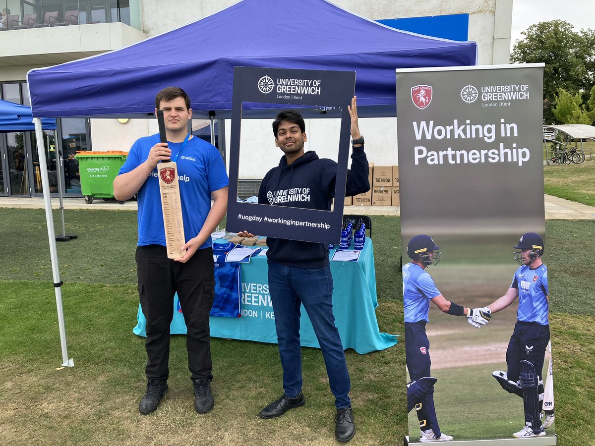 UniofGreenwich's tweet photo. We are in Beckenham today celebrating our partnership with @Kentcricket. A massive welcome to all our staff and students joining us today.
Head to the university gazebo to pick up your free water bottle and to enter the #UoGDay photo competition to win a signed shirt and bat! https://t.co/VpE7VfW37d