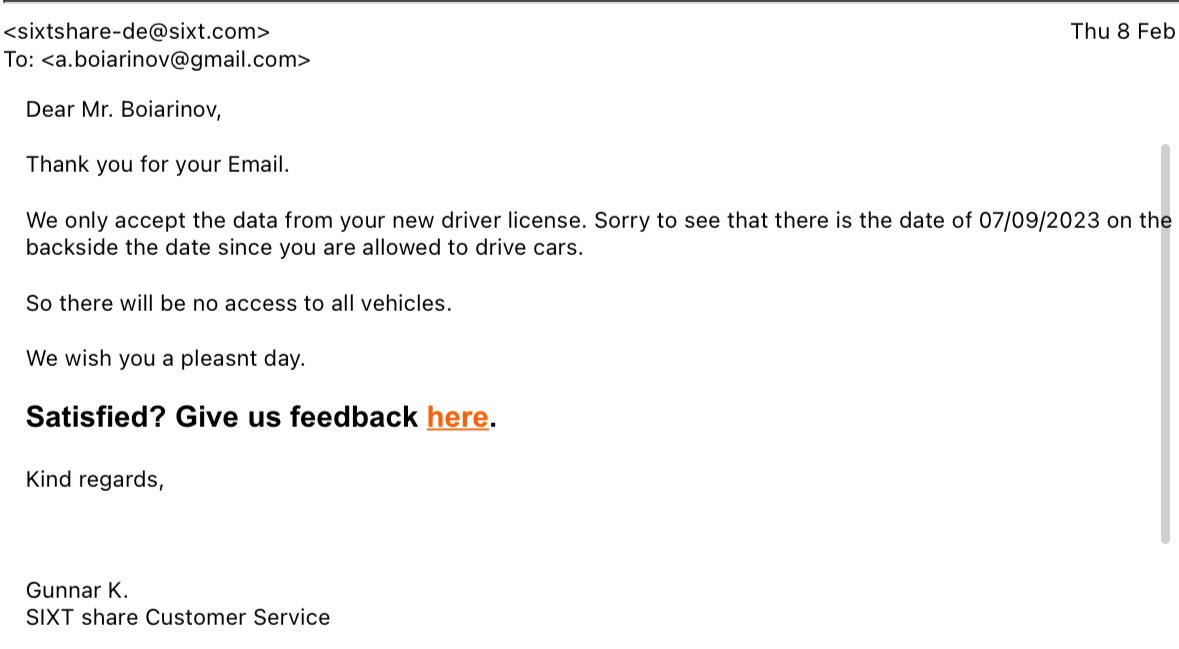 aboiarinov's tweet photo. Nevertheless, first manager tried to help me, than disappeared

Next one just disregarded the matter and ignored my emails, then sending me away

According to them, I have to wait for 5 years now to be able to access the premium fleet of SixtShare again 🤡

@SixtDE https://t.co/0xoXgZzO8z