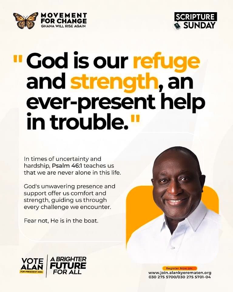 Power_P_C's tweet photo. Scriptures Sunday
Psalm 46:1 - "God is our refuge and strength, an ever-present help in trouble."
In times of uncertainty and hardship, he is with us and never Alone.
Fear not, He is in the boat.
#Ghanawillriseagain
#VoteAlanVotechange
#GTP https://t.co/I6ccIJCbCx
