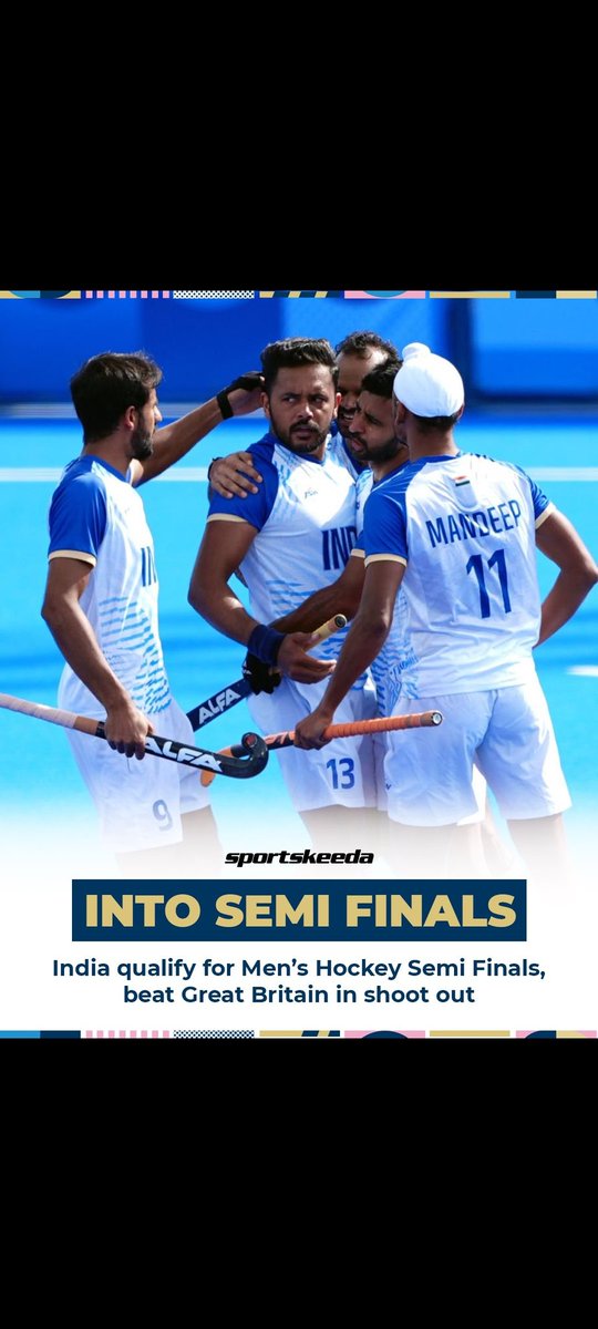 Well played India, India into the semi final. What a match win by India team
#Hockey   #चकदेइंडिया
#Olympics2024Paris
