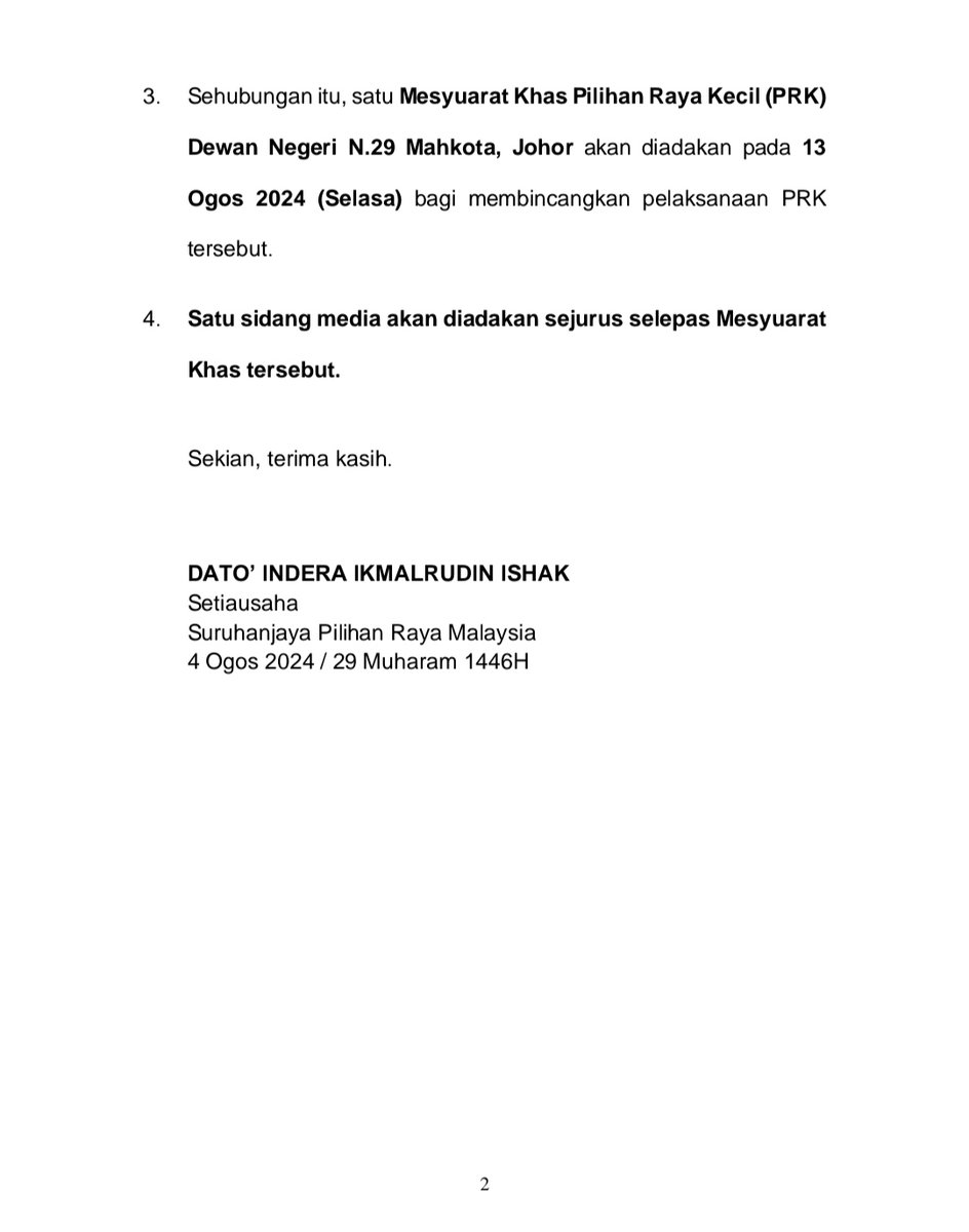 sprgovmy's tweet photo. [ KENYATAAN MEDIA ]

KEKOSONGAN LUAR JANGKA KERUSI DEWAN NEGERI N.29 MAHKOTA, JOHOR https://t.co/1DmvHYtet7