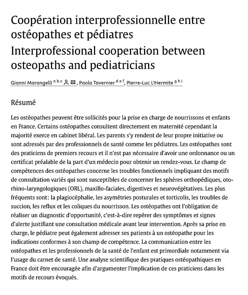 AcademieOsteo's tweet photo. Coopération interprofessionnelle entre ostéopathes et pédiatres.
Etude réalisée par Gianni Marangelli, Paola Tavernier et Pierre-Luc L'Hermite, parue dans la revue Perfectionnement en Pédiatrie.
(En accès libre pendant 50 jours)
https://t.co/GQPHVp6QyJ https://t.co/JvSdPxgPNx