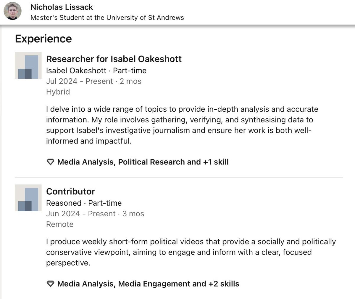 No. Not ‘just an ordinary student’. His CV reveals that is an activist for Reform UK Party Ltd, plus he’s a researcher for media propagandist Isabel Oakeshott and he also produces far-right propaganda for Darren Grimes’ Reasoned shitshow. Not ordinary in any way, shape or form.