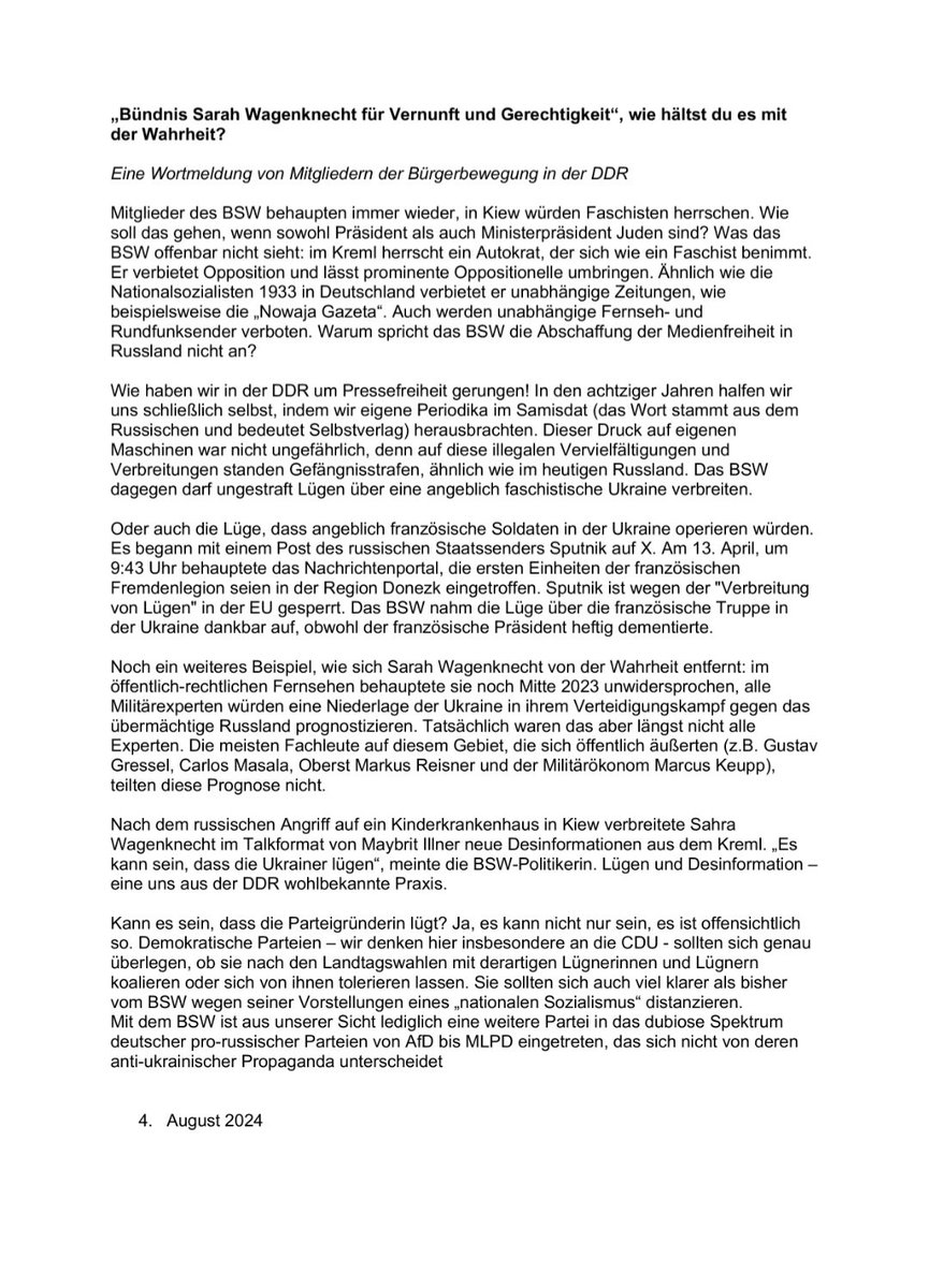 Lesen! Ein Text über #Wagenknecht|s Kader. Es hat Gründe, warum sie es ausgerechnet mit aller Macht in #Ostdeutschland versucht und dabei mit Lügen arbeitet. Widerstand, das können sie - unsere Bürgerrechtler:innen von #Bündnis90. Ich verneige mich vor euch. Erneut. 1/3