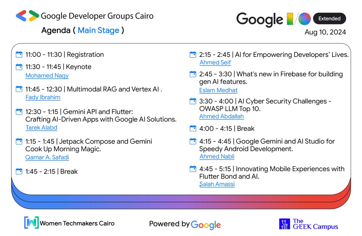 GDGCairo's tweet image. Hi There  👋
Our Agenda is finally here 🥳

Mark your calendar and join us for an electrifying experience!
🔹Date: Saturday, August 10th, 2024.
🔹Venue: The GrEEK Campus .

Let&apos;s innovate together!🤩
#GoogleIOExtended #GoogleIOCairo #GoogleDeveloperGroups #GDGCairo #WTMCairo