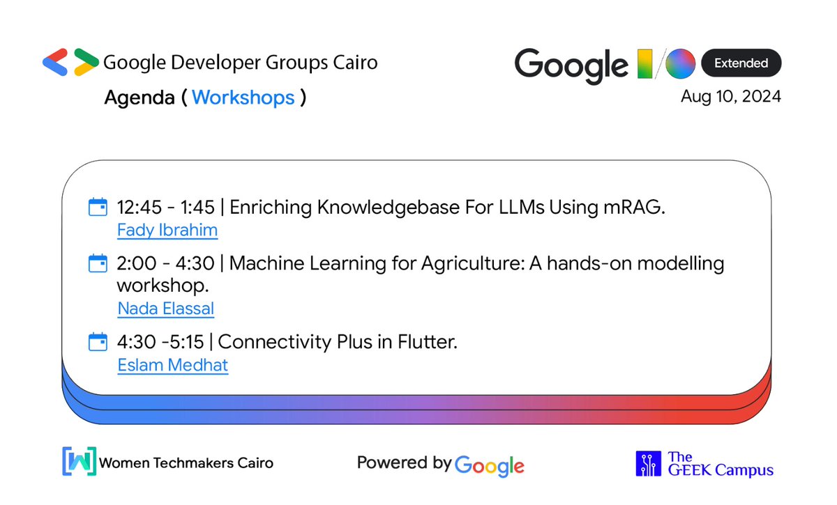 GDGCairo's tweet image. Hi There  👋
Our Agenda is finally here 🥳

Mark your calendar and join us for an electrifying experience!
🔹Date: Saturday, August 10th, 2024.
🔹Venue: The GrEEK Campus .

Let&apos;s innovate together!🤩
#GoogleIOExtended #GoogleIOCairo #GoogleDeveloperGroups #GDGCairo #WTMCairo