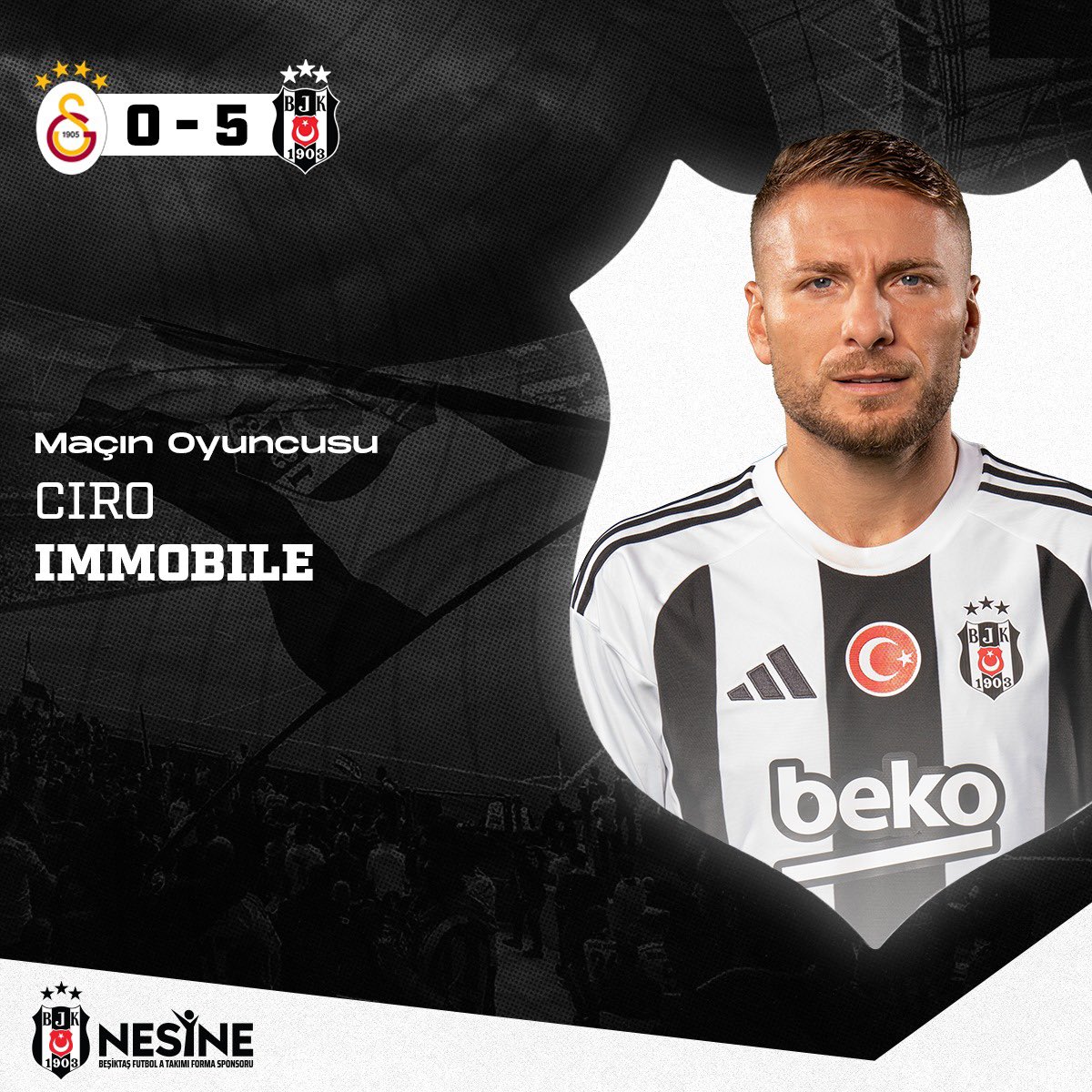 Besiktas's tweet photo. Asil formamız için ter döken tüm futbolcularımıza teşekkür ediyoruz!

Nesine (@Nesinecom) Maçın Oyuncusu Ciro Immobile seçilmiştir. 🙌 https://t.co/RMlFFTkPRs