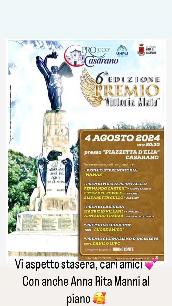 ElisabettaGuido's tweet photo. Questa sera riceverò questo bellissimo Premio. Grazie di cuore agli organizzatori del Premio “Vittoria Alata” di Casarano 🥰 Ad accompagnarmi al piano la cara Anna Rita Manni 💕#award #awards #jazz https://t.co/OrnuL1DG7G