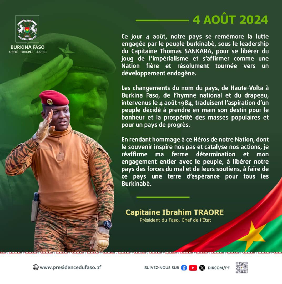 marcus_herve's tweet photo. 🛑🇧🇫- Captain’s word on the memorable day August 4th. 

“Today, August 4th, our country remembers the struggle undertaken by the Burkinabe people, under the leadership of Captain Thomas SANKARA, to free themselves from the yoke of imperialism and assert themselves as a Nation proudly and resolutely turned towards endogenous development.

The changes of the name of the country, from Upper Volta to Burkina Faso, of the national anthem and of the flag, which took place on August 4th, 1984, reflect the aspiration of a people determined to take their destiny into their own hands for the happiness and prosperity of the popular masses and for a country of progress.

In paying tribute to this Hero of our Nation, whose memory inspires our steps and catalyzes our actions, I reaffirm my firm determination and my full commitment with the people, to free our country from the forces of evil and their supporters, to make this country a land of hope for all Burkinabe.”

Captain Ibrahim TRAORE 
President of Faso, Head of State