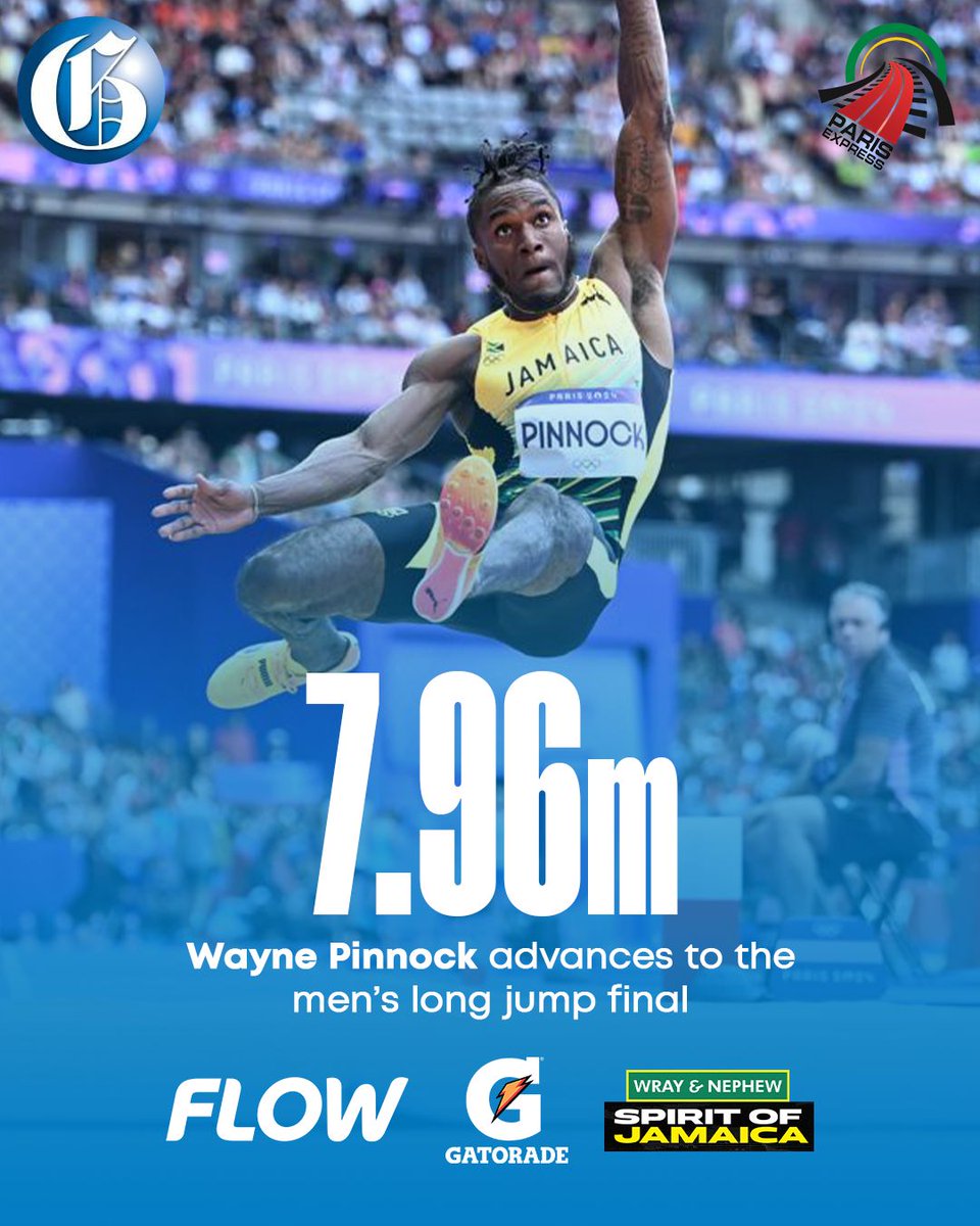 JamaicaGleaner's tweet photo. Wayne Pinnock placed fifth in Group B of the men's long jump qualification round to qualify for the final at the Olympic Games in Paris, France. He produced a distance of 7.96M to solidify his spot.

📸: Gladstone Taylor

#GLNRSports
#ParisExpress
#ParisOlympics https://t.co/q0vQTWs0Ee