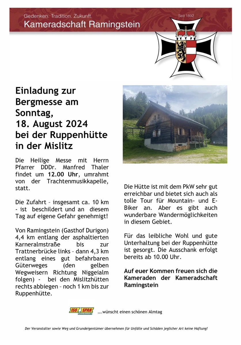 h_schilcher's tweet photo. Einladung zur Bergmesse bei der Ruppenhütte in der Mislitz | Sonntag, 18. August 2024 um 12.00 Uhr https://t.co/7wVGx1nbTV