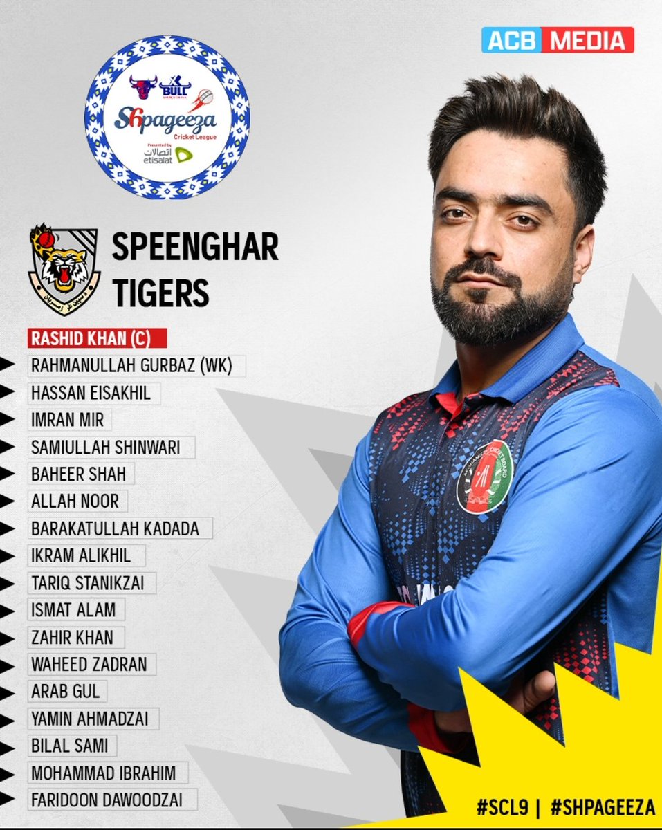 AfghanAtalan3's tweet photo. 🚨 SQUAD ANNOUNCEMENTS! 🚨

Here are the squads of the 5 participating teams for the 9th edition of the X-Bull Energy Shpageeza Cricket League 2024, Presented by Etisalat. 🏆

1/2
🔗: https://t.co/pdqNglPjgL

#SCL9 | #Shpageeza https://t.co/Y6oLTGVfbe