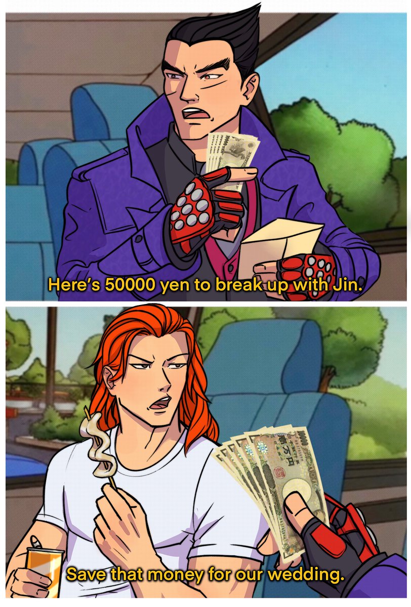 NightCatty's tweet photo. -Here's ¥50000 to break up with Jin.
-Save that money for our wedding

#TEKKEN #Hwoarang #KazuyaMishima #JinHwoa #HwoaJin https://t.co/Io1A7HdqGX