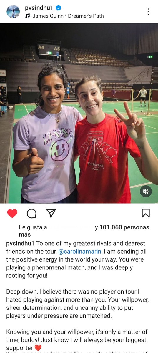 Carolina Marín también es esto:

Mensaje de <a href="/Pvsindhu1/">Pvsindhu</a>: "Una de mis mejores amigas del circuito. Te estaba animando profundamente. No hay rival con la que odiase jugar más. Tu fuerza de voluntad, tu determinación (...) Sólo es cuestión de tiempo. Siempre seré tu mayor seguidora"