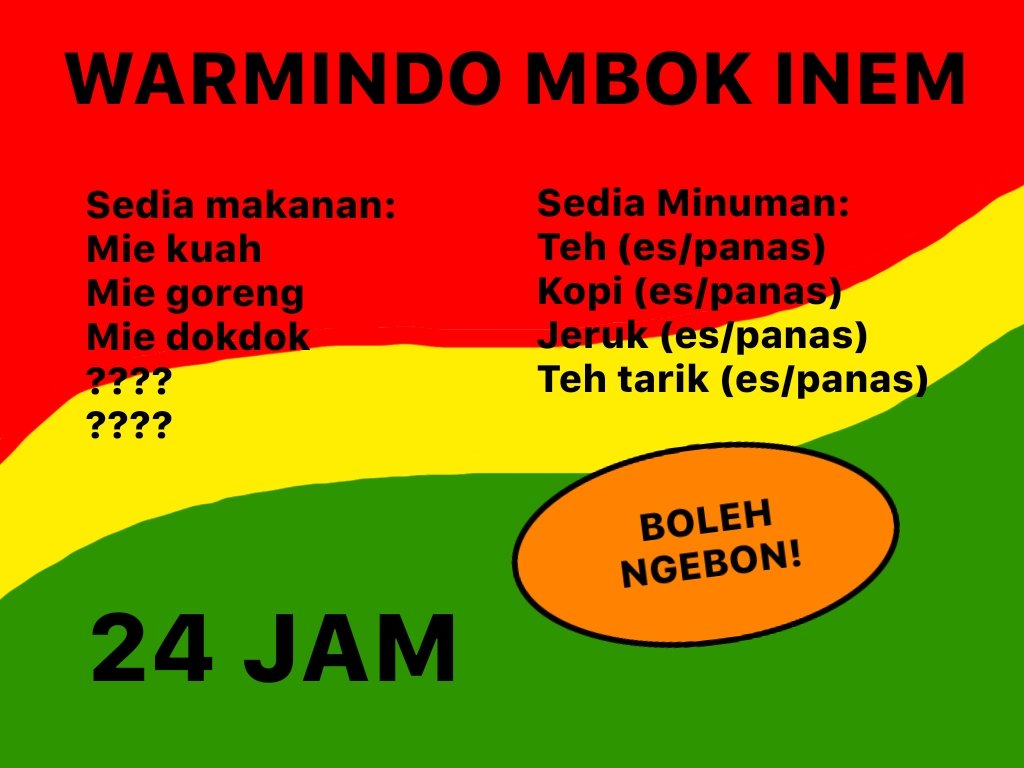 WarmindoSiMbok's tweet photo. Bosen hari gini makan di Warmindo yang menunya gitu-gitu aja? Pas banget! Sekarang, saatnya elu mampir Warmindo Mbok Inem biar bisa ikut nyumbang ide menu dan bikin warungnya rame lagi! https://t.co/a1FrGF7431