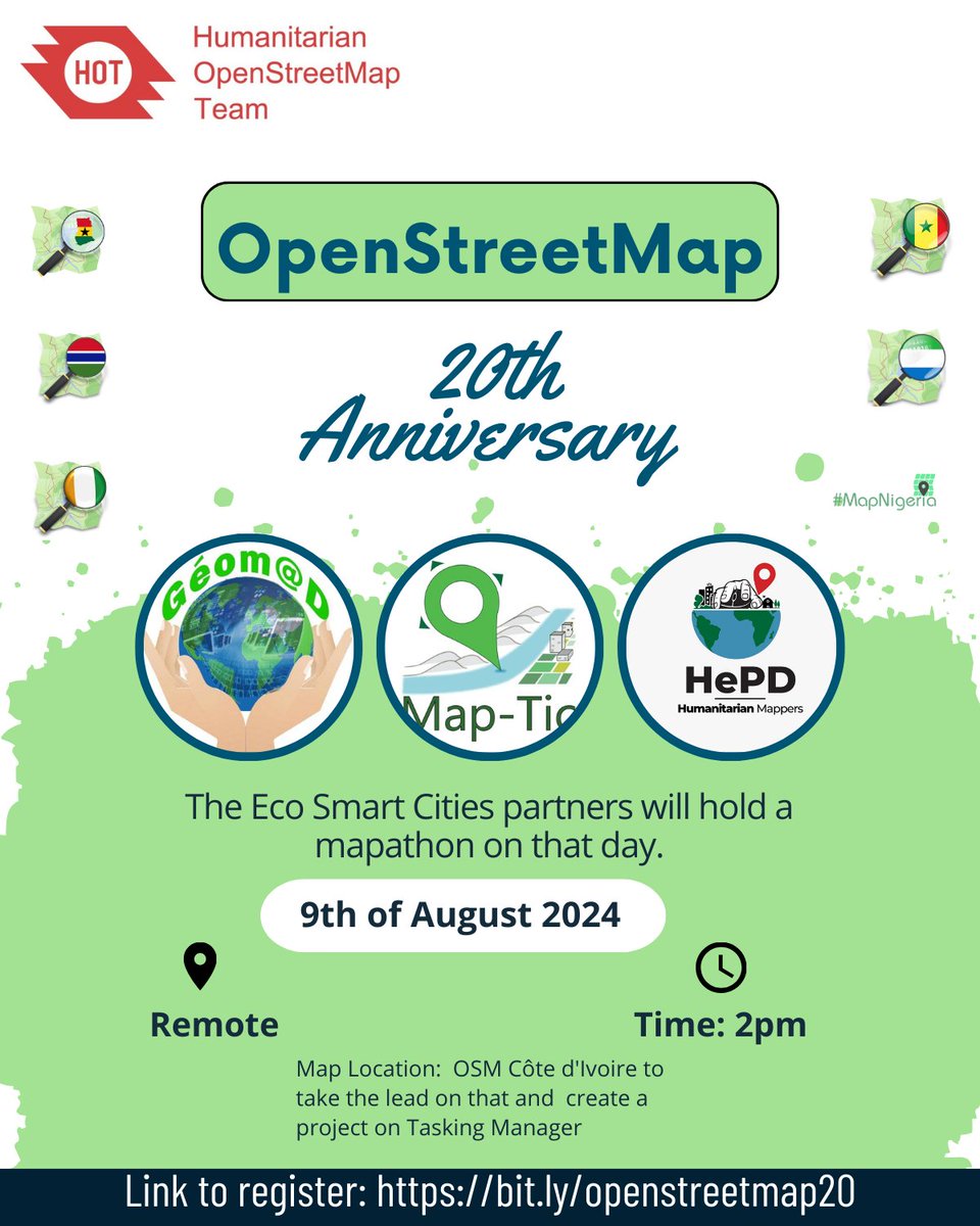 OpenStreetMap @ 20 🥳💥
Come join us!!!!!
<a href="/Dantaria/">Ayo Akinseye</a> <a href="/OSMNigeria/">OpenStreetMap NG</a> #wnah #mapnigeria #afriquespatial <a href="/openstreetmap/">OpenStreetMap</a>
<a href="/hotosm/">Humanitarian OpenStreetMap Team</a> <a href="/openmapping_wna/">Open Mapping Hub - West and Northern Africa</a> #esc2023 #escnigeria #Map4Climate