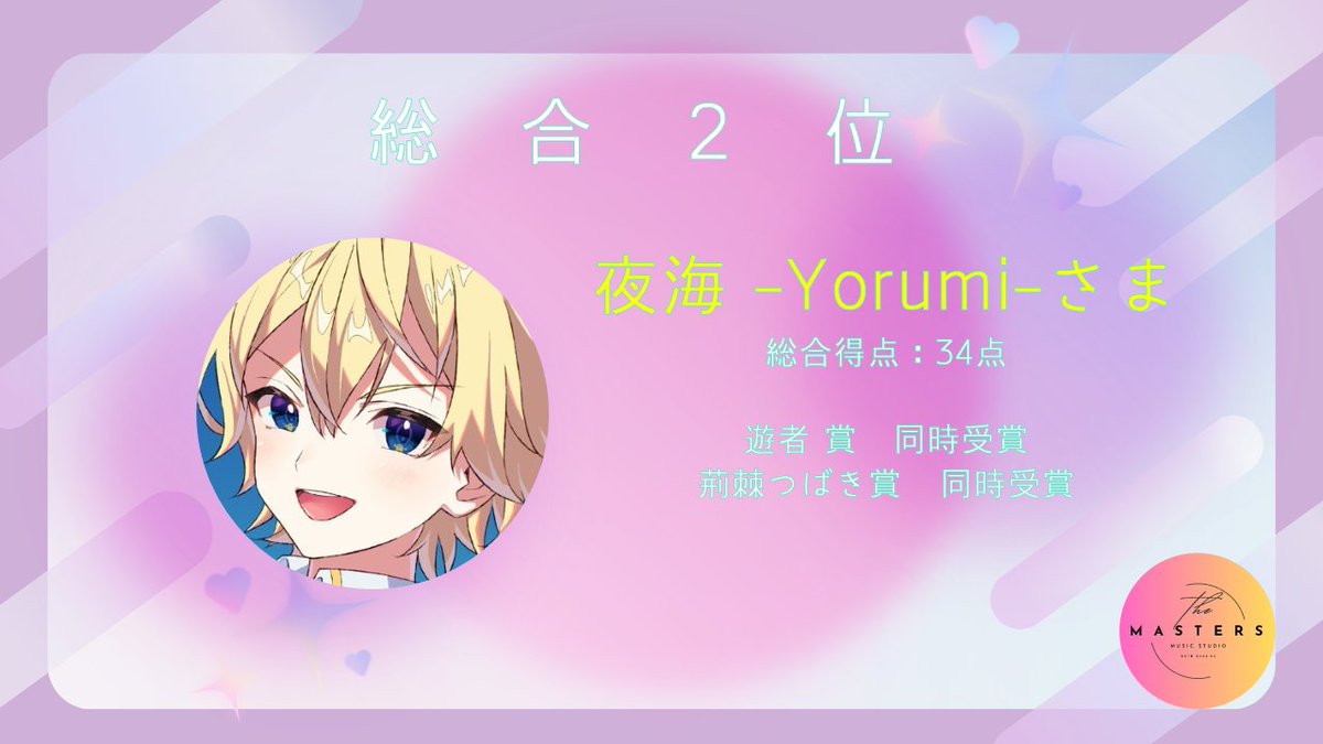 UTA_MASTERS's tweet photo. 🥈総合2位🥈
🎖審査員賞（遊者賞・荊棘つばき賞）🎖同時受賞
📢リスナー賞同時受賞📢
@yuusya_uta @IbaraTsubaki 

夜海 -Yorumi- 様 @BlackSEA_605 

おめでとうございます！
#歌ってみたマスターズ2024夏 https://t.co/sdguN14NOO