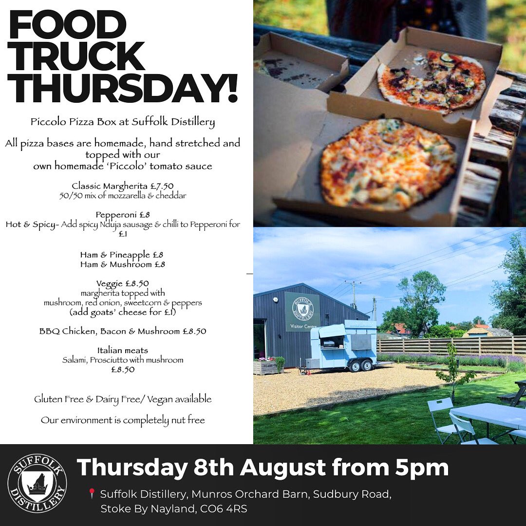 The fabulous @piccolopizzabox will be back at the distillery next week for Food Truck Thursday🍕🥂

They’ll be serving delicious stone baked, wood fired pizzas from 5pm. This is one you do not want to miss!

#suffolk #suffolkdistillery #gin #pizza #stokebynayland #suffolkevents