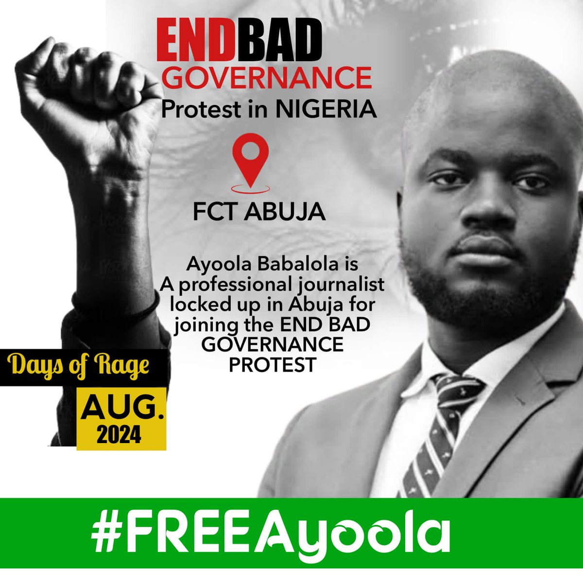 jharmo's tweet photo. We call for the unconditional and immediate release of journalist and activist Ayoola Babalola Now! Protest is a fundamental right and not a crime! 
#EndBadGovernanceInNigeria 
#FreeAyoola https://t.co/Jwf3QMBs2c