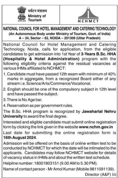 Calling applicants for residual seats for BSc Hospitality and Hotel Administration.